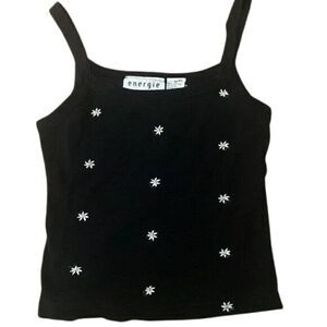 Vintage 90s Embroidered Daisy Flowers Black Tank